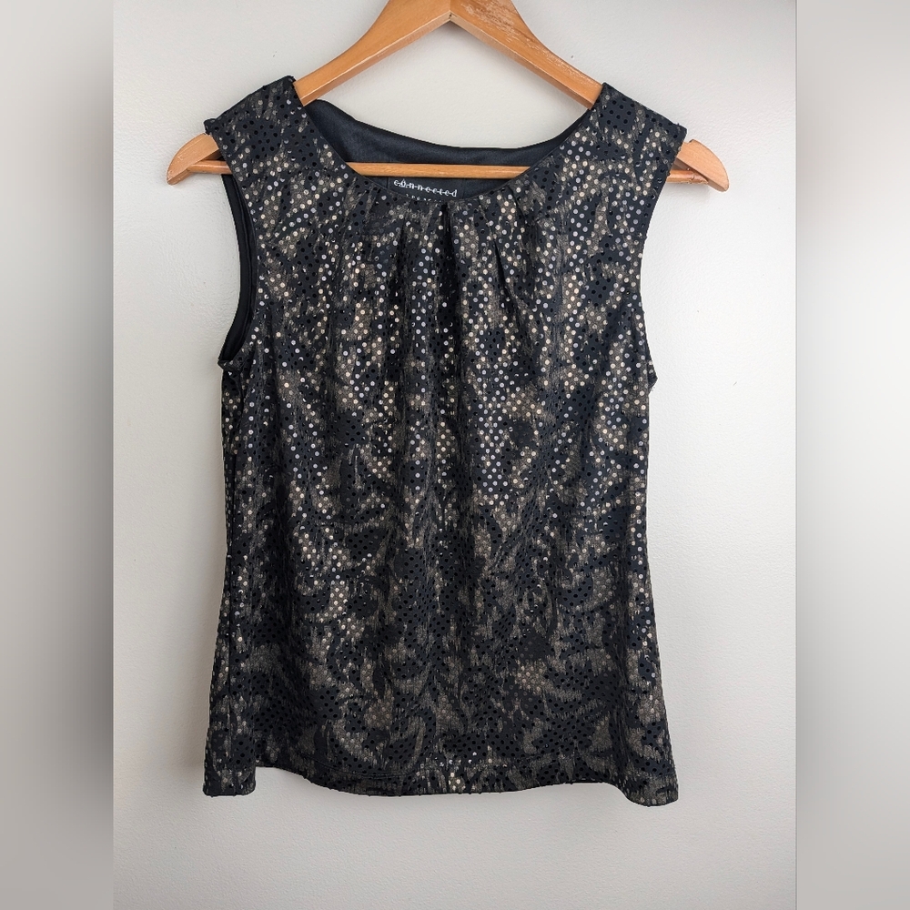 Connected Black & Gold Dot Print Metallic Top Sleeveless Small Evening Club